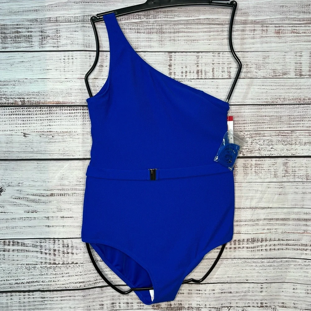 Loft XL Solid Blue Asymmetrical Textured One‎ Piece Swimsuit One Shoulder NEW